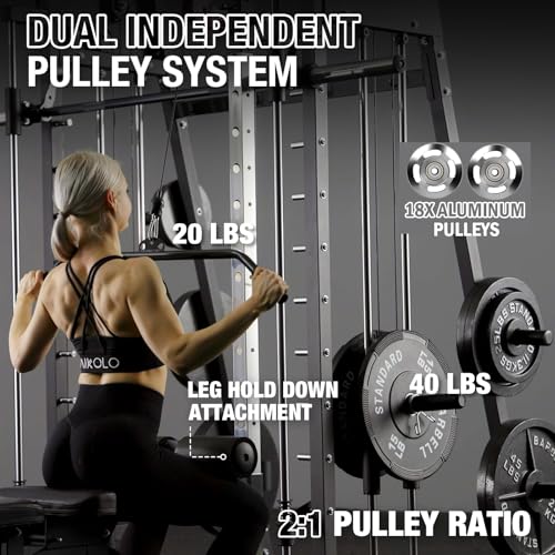 Mikolo Smith Machine, 2200lbs Squat Rack with LAT-Pull Down System & Cable Crossover Machine, Training Equipment with Leg Hold-Down Attachment