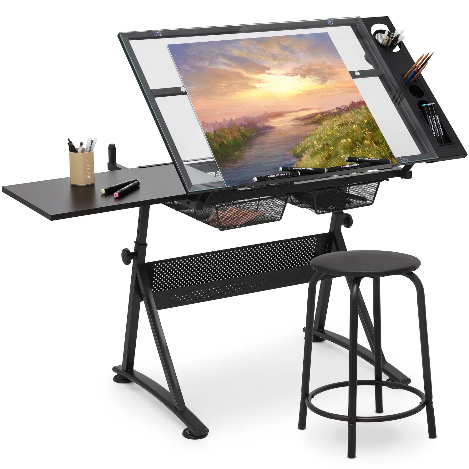 Magshion Craft and Drawing Station with Stool Set, Tempered Glass Top Drafting Table with Slide-Out Tabletop, Drawers & Side Trays, Adjustable Angle & Height Work Surface, Black