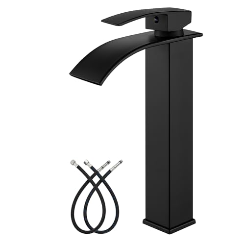 gotonovo Waterfall Tall Bathroom Faucet Single Handle Bathroom Faucets for Sink 1 Hole Stainless Steel Vessel Sink Faucet Modern Mixer Tap Wash Basin Faucet with Pop Up Drain, Matte Black