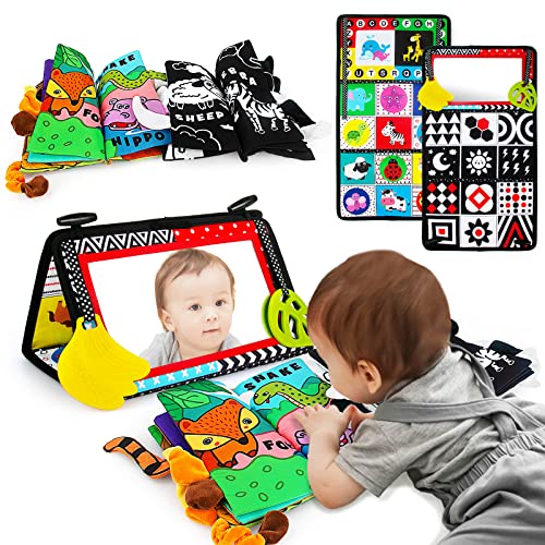 teytoy Tummy Time Mirror,Tummy Time Toys with Soft Crinkle 3D Cloth Book and Teethers Toys, Black and White Sensory Toys High Contrast Newborn Infant Baby Toys 0-6 Months Decorations