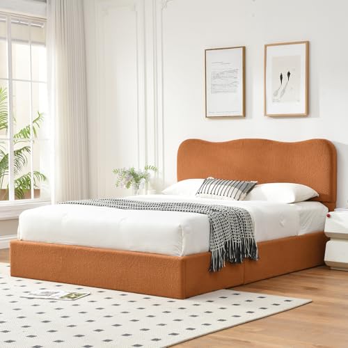 VELOCAVA Queen Size Lift-Up Storage Bed, Upholstered Boucle Bed with Curved Headboard, Rounded Corners, Sturdy Wooden Slat Support, No Box Spring Needed, Easy Assembly, Cream White