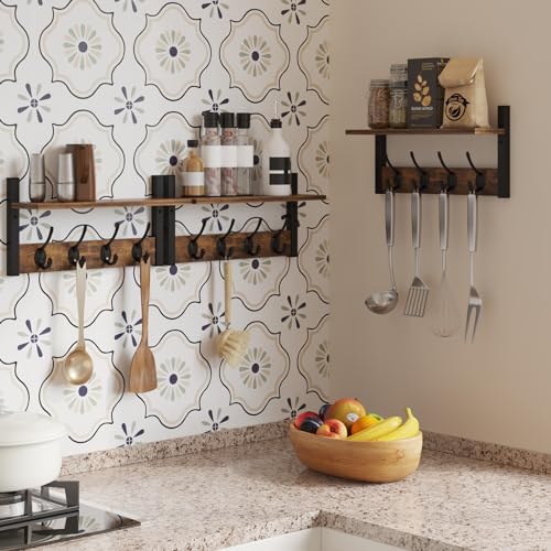 Wood Coat Rack with 16 Hooks, Set of 4, Wall Mounted Hall Entryway Organizer for Living Room, Bedroom, Entryway, Bathroom, Rustic Brown