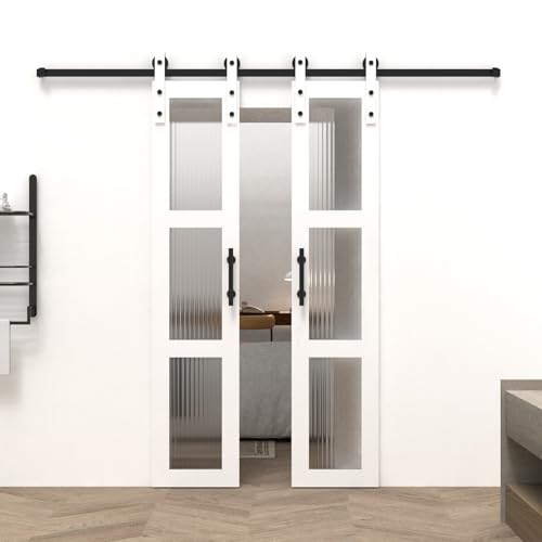 32 x 84 Inch Glass Sliding Barn Door Slab and 5.5ft Hardware Kit Included, 5 Frosted Glass, LVL Wood Panel Covered with White Water-Proof Scratch-Resistant PVC Surface, Simple DIY Assembly