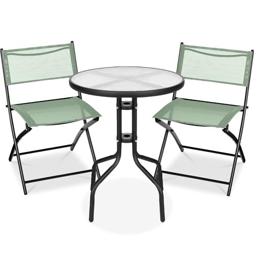 Best Choice Products 3-Piece Patio Bistro Dining Furniture Set w/Glass Tabletop, 2 Folding Chairs, Steel Frame, Polyester Fabric - Gray