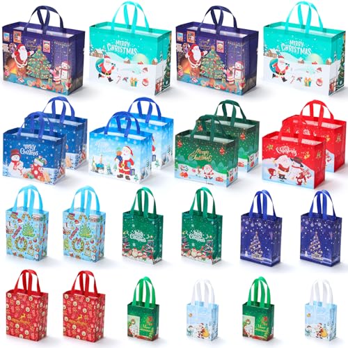 EQOREIIN Christmas Gift Bags 24 Pack Assorted Sizes - Variety Pack Includes (4XL+8L+8M+4S) Non-Woven Reusable Tote Bags with Handles for All Xmas Gifts, Holiday Party Favors & Decor