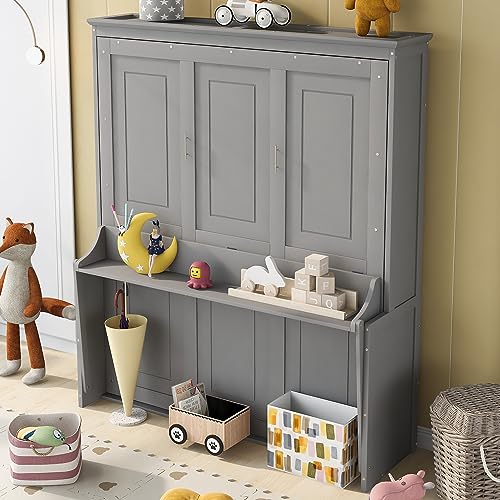 Murphy Bed Queen Bed Frame with Storage Shelves and LED Lights Folding Wall Bed with Wood Slats Queen Size Murphy Bed Cabinet Bed, Space Saving, White