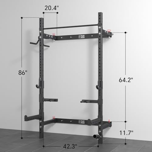 2.36'' x 2.36'' Folding Squat Rack Wall Mounted with Adjustable Pull-Up Bar, J-Hooks,Safety Arm,Dipping bar，with Simth System