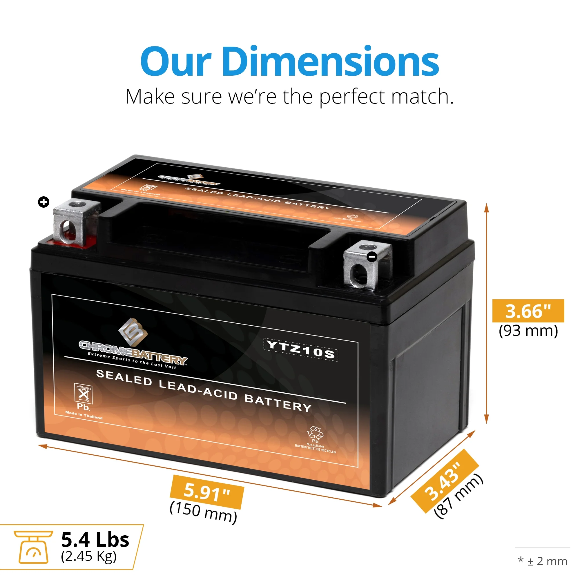 Chrome Battery Ytz10s-bs (ytz10s 12 Volts,8.6 Ah, 190 Cca) Motorcycle Battery for Husqvarna 701 Enduro, Supermoto 693 Cc Years (2016 - 2019)