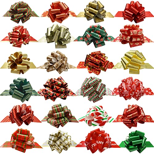 Christmas Gift Wrap Bows, Pull Bows with Ribbon for Gift Wrapping, 24 Pcs Foil Bows Assorted Patterns, Vintage Decoration for Holiday Present, Baskets, Bottle, Book, Bouquet(Easy to Assemble) (24)