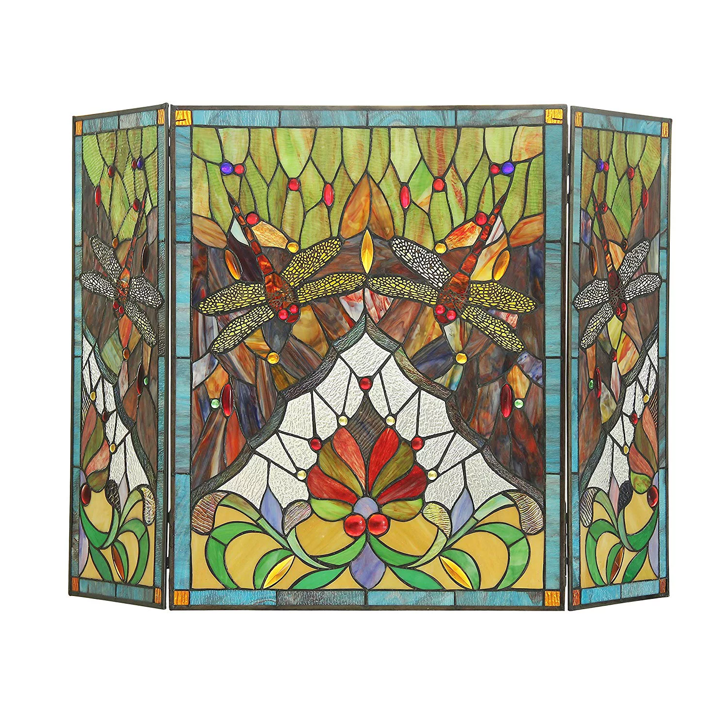 CH3F825DB44-GFS ANISOPTERA PURITY Tiffany-glass 3pcs Folding Dragonfly Fireplace Screen 44