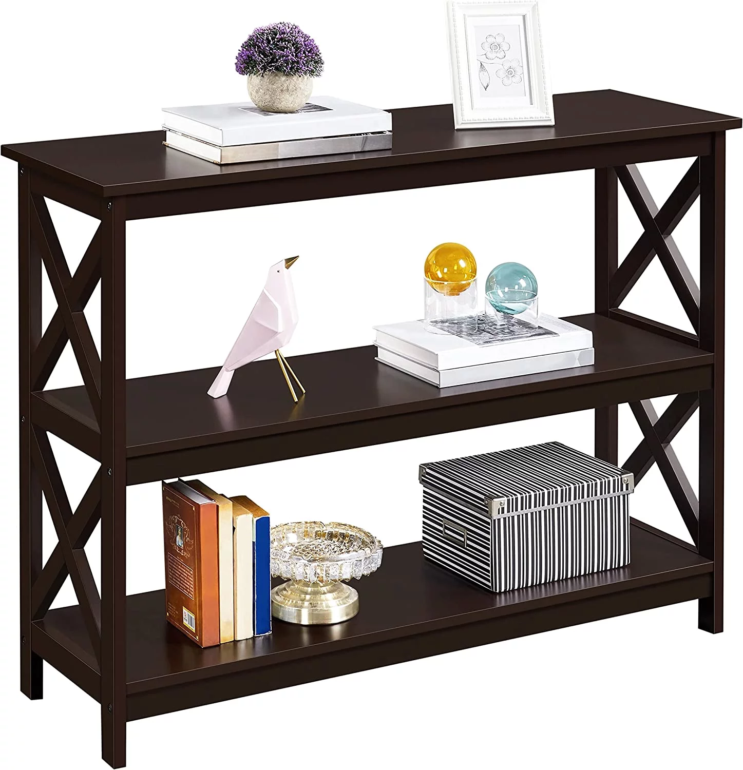 Console Table with 3 Storage Shelves, 3-Tier Entryway Table, Sofa Side Narrow Long Bookshelf for Hallway Living Room, Accent Furniture, Espresso