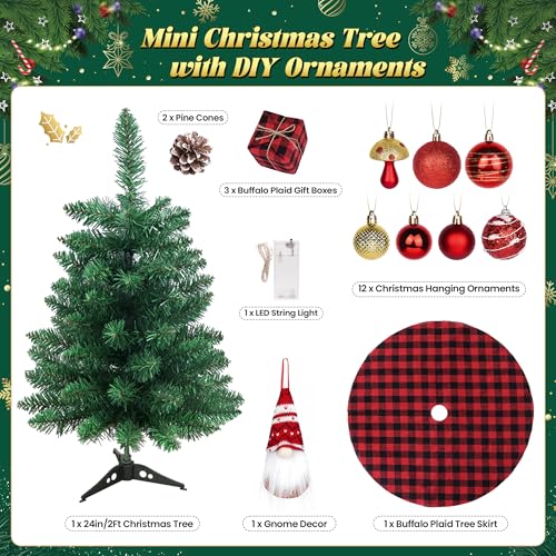 Mini Small Christmas Tree with Lights, 2ft Artificial Small Table Top Christmas Tree with Gnome, Ball Ornaments and Buffalo Plaid Tree Skirt, 24 Pcs DIY Xmas Trees Decor for Toddler, Kids