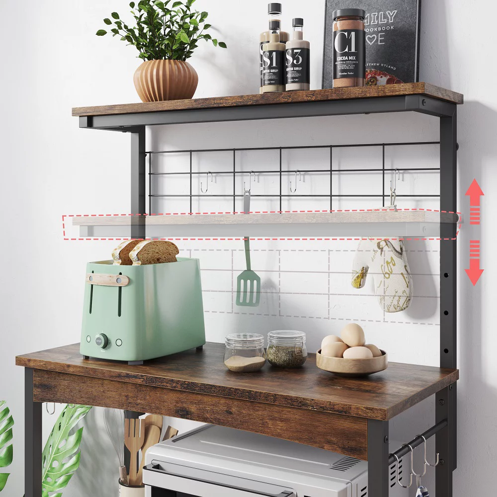 Bestier 3-Tier Baker's Rack with Cabinet, Kitchen Storage Shelves, Microwave Oven Stand, Coffee Bar with Hooks in Rustic