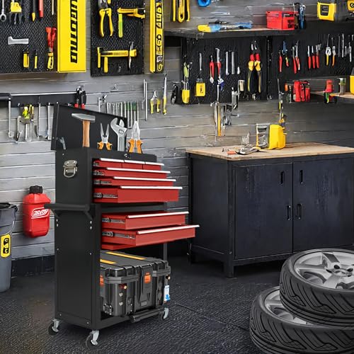 KEIKI 8-Drawer Large Capacity Rolling Tool Chest, Detachable Cabinet Storage with Lock, Tool Box with Wheels for Workshop & Garage, Black Red