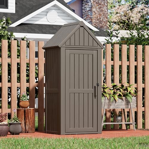 Outdoor Resin Storage Shed, Upgrade Durable Storage Cabinet with Removable Shelves and Lock Ring, Reinforced Floor, All-Weather Construction for Garden Patio Lawn (Black)
