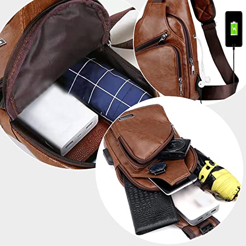 Crossbody Sling Bag,Men Women Waterproof Leather Sling Backpack Bag USB Charging,Small Chest Bag with Earphone Hole