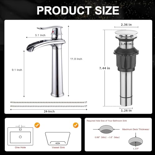 Bathroom Vessel Sink Faucet, Waterfall Oil Rubbed Bronze Bathroom Faucet, Vessel Faucet, Tall Body 1 Hole Single Handle with Pop Up Drain Combo Vanity Mixer Tap Basin Bowl Sink