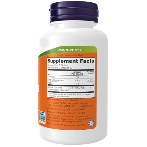 NOW Foods Organic Spirulina 1000mg Tablets - 300 Count - Non-GMO, Super Green Whole Food Supplement - Double Strength 1000 mg - Naturally Occurring Beta-Carotene (Vit A), B-12 and GLA