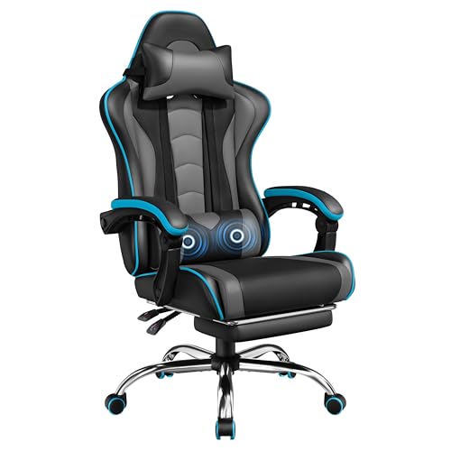 Yaheetech Gaming Chair, Video Game Chair with Massage Lumbar Support and Footrest Height Adjustable Ergonomic Computer Chair with Swivel Seat and Headrest, Black/Gray