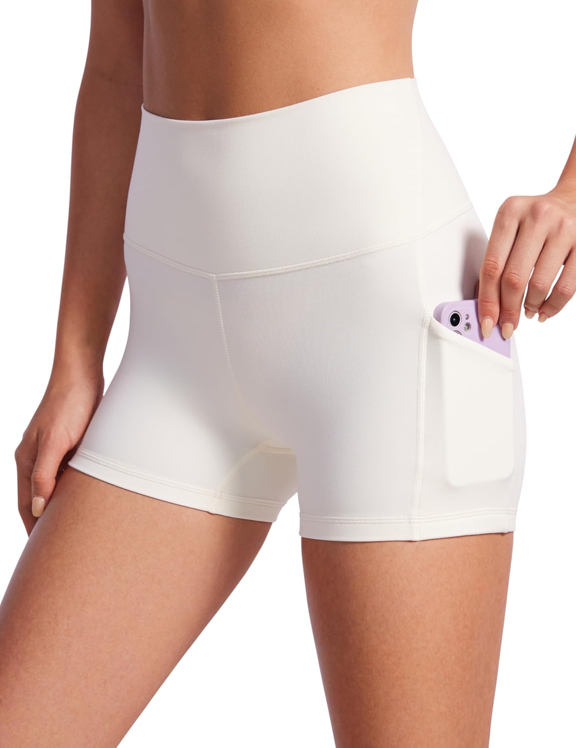 CRZ YOGA Womens Butterluxe Biker Shorts with Pockets 3 Inches - High Waisted Volleyball Workout Athletic Yoga Shorts White Apricot Large
