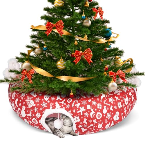 Cat Tunnel Bed Christmas Tree Skirt for Indoor Cats, Maansfy Large Peekaboo Cat Cave Decorative Christmasn Donut Tunnel Tube Playground Toys for Kitten Medium Large Cat (Red)