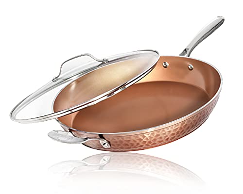 GOTHAM STEEL Hammered Copper Nonstick Frying Pan Set with Glass Lid (3 Pieces)