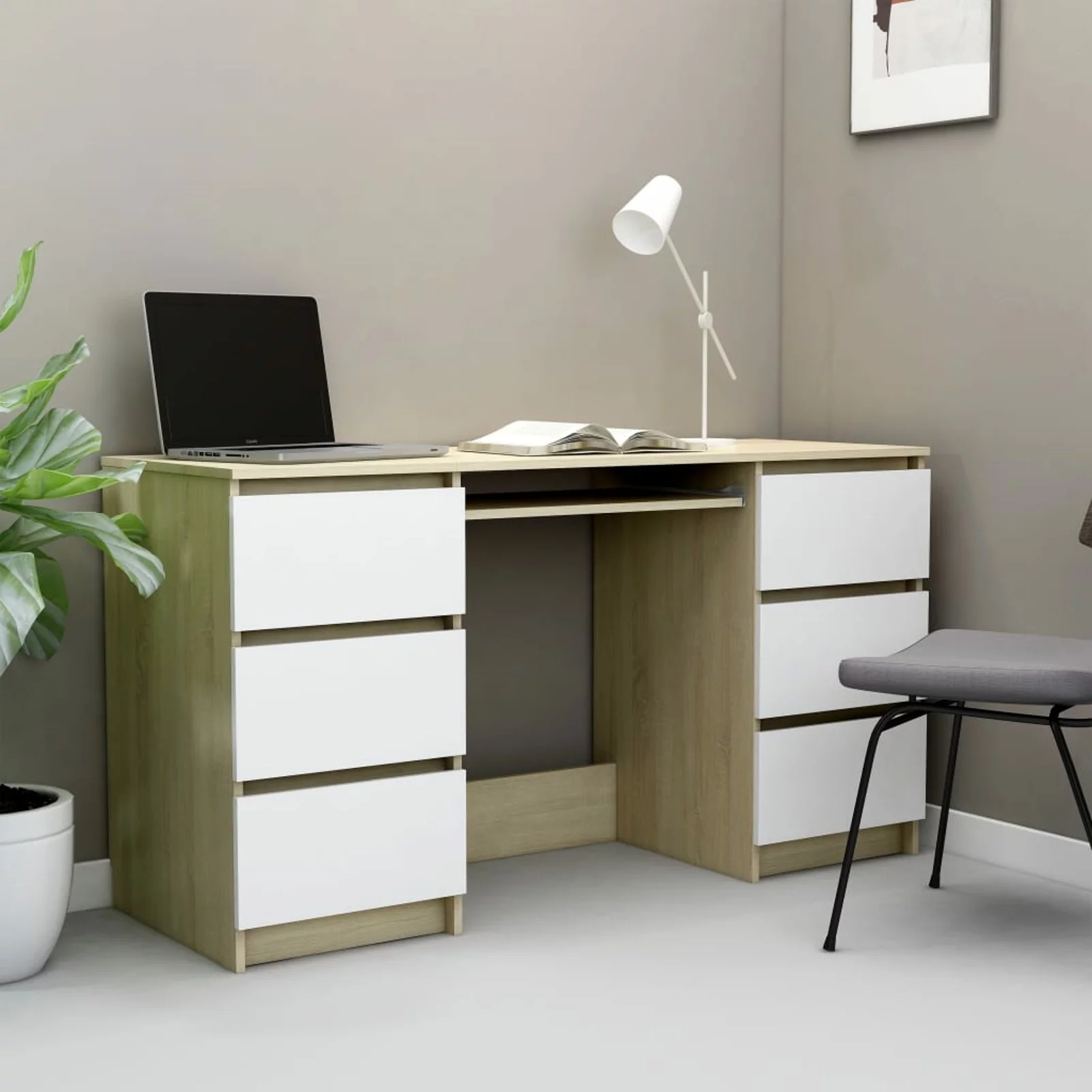 Dcenta Modern Computer Desk with 6 Storage Drawers Chipboard Writing Desk Multifuctional Laptop Gaming Table Home Office Furniture White Sonoma Oak 55.1 x 19.7 x 30.3 Inches (W x D x H)
