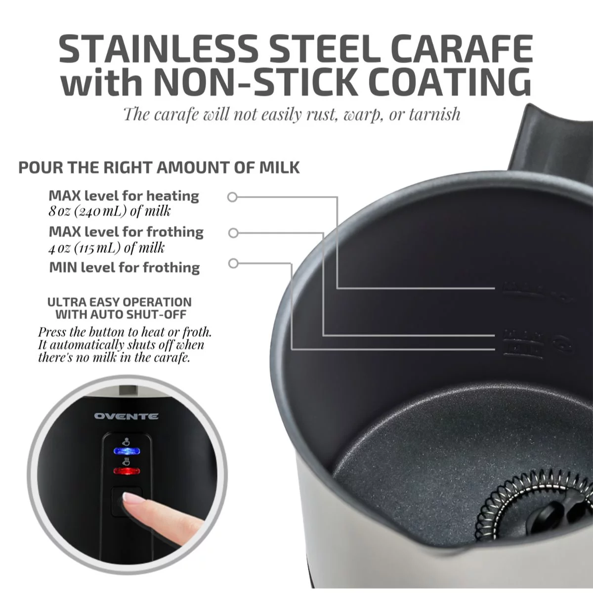 OVENTE Electric Stainless Steel Milk Frother and Steamer, Non Stick Milk Warmer, Black FR1208B
