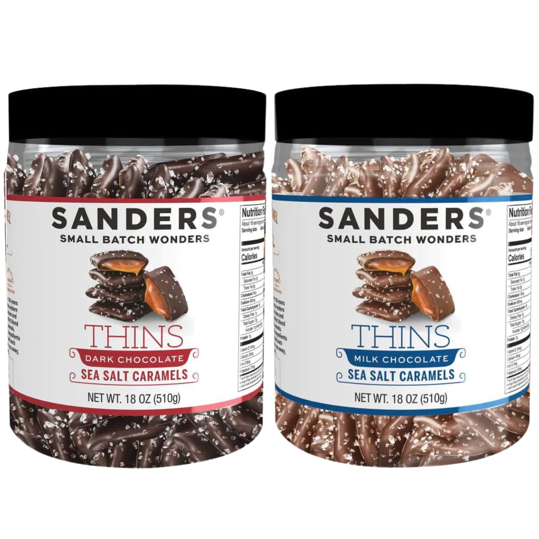 Sanders Thins, Sea Salt Caramels, Milk Chocolate & Dark Chocolate Variety, 18 Oz Tubs (Pack of 2)