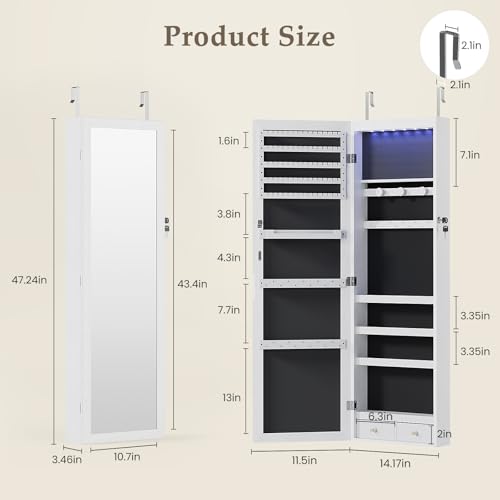 DUMOS 6 LEDs Mirror Jewelry Cabinet, Wall or Door Mounted Jewelry Organizer, 47.2-Inch Tall Lockable Large Capacity Cosmetic Storage, Gift Idea, White