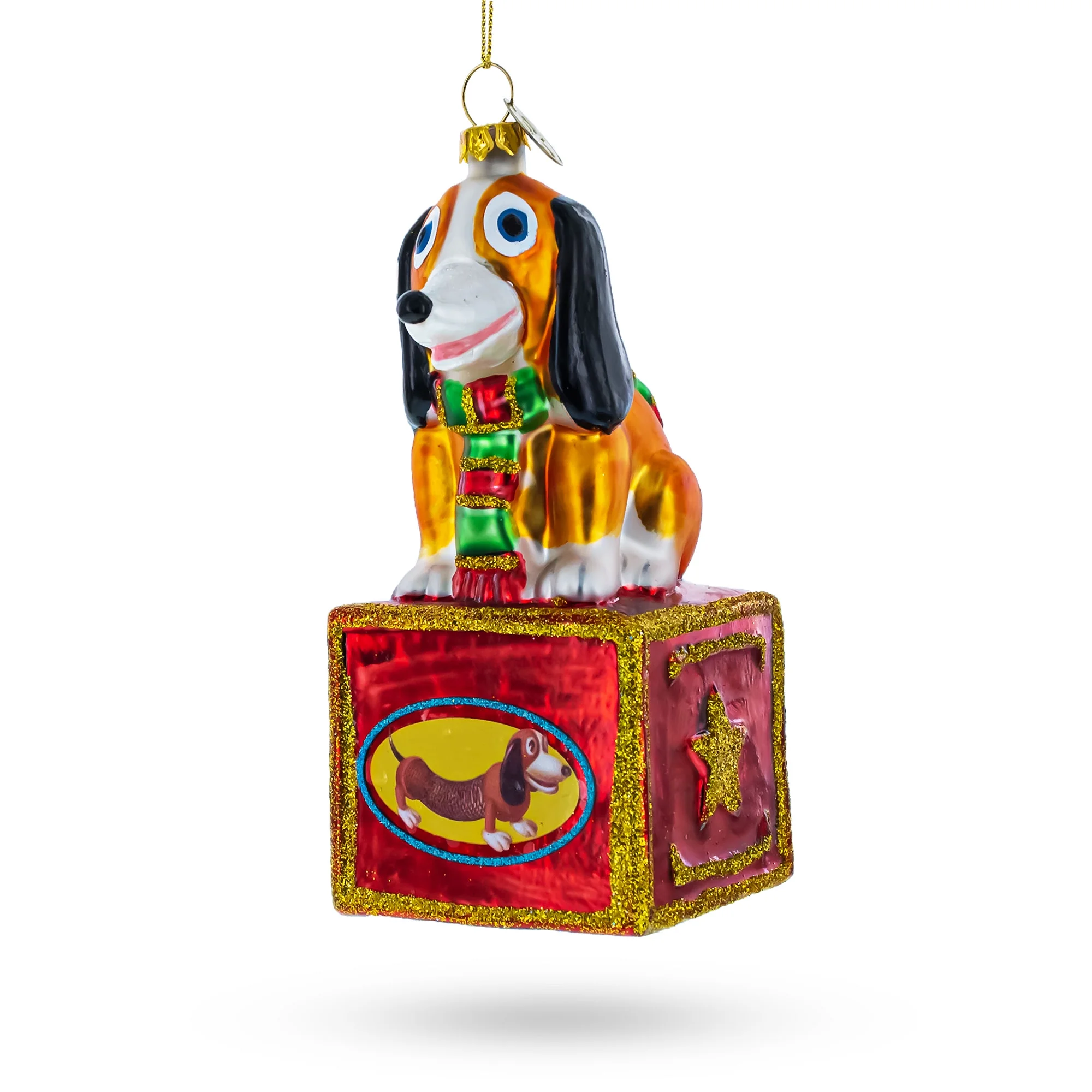 Playful Toy Dog on Festive Red Box - Blown Glass Christmas Ornament