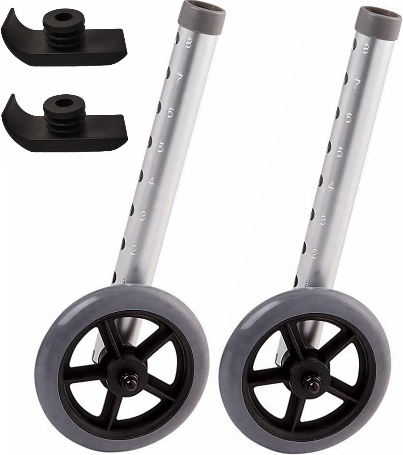 Walker Wheels and Ski Glides 1 Pair, Rubber Universal Walker Caster Wheel with 8 Height Adjustable, Replacement Rollator Accessories, 4 PCS