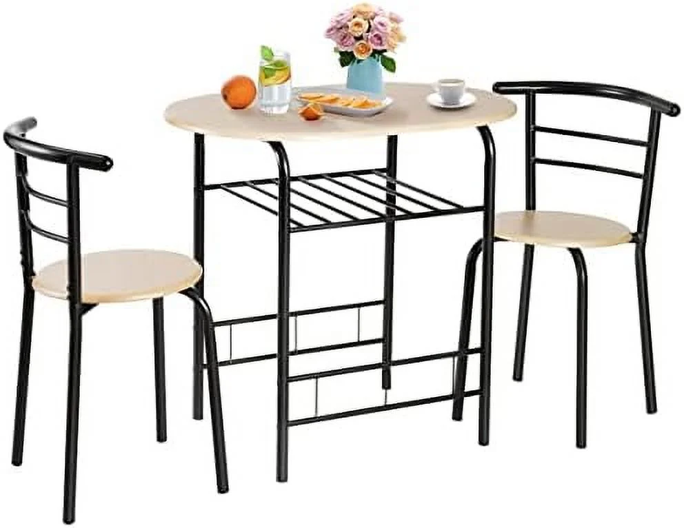 HOOMHIBIU 3-Piece Dining Set  Round Kitchen Table w/ 2 Chairs  Steel Frame & Wine Rack  Small Kitchen Table for Apartment  Dining Room  Kitchen  Small Space (Natural)