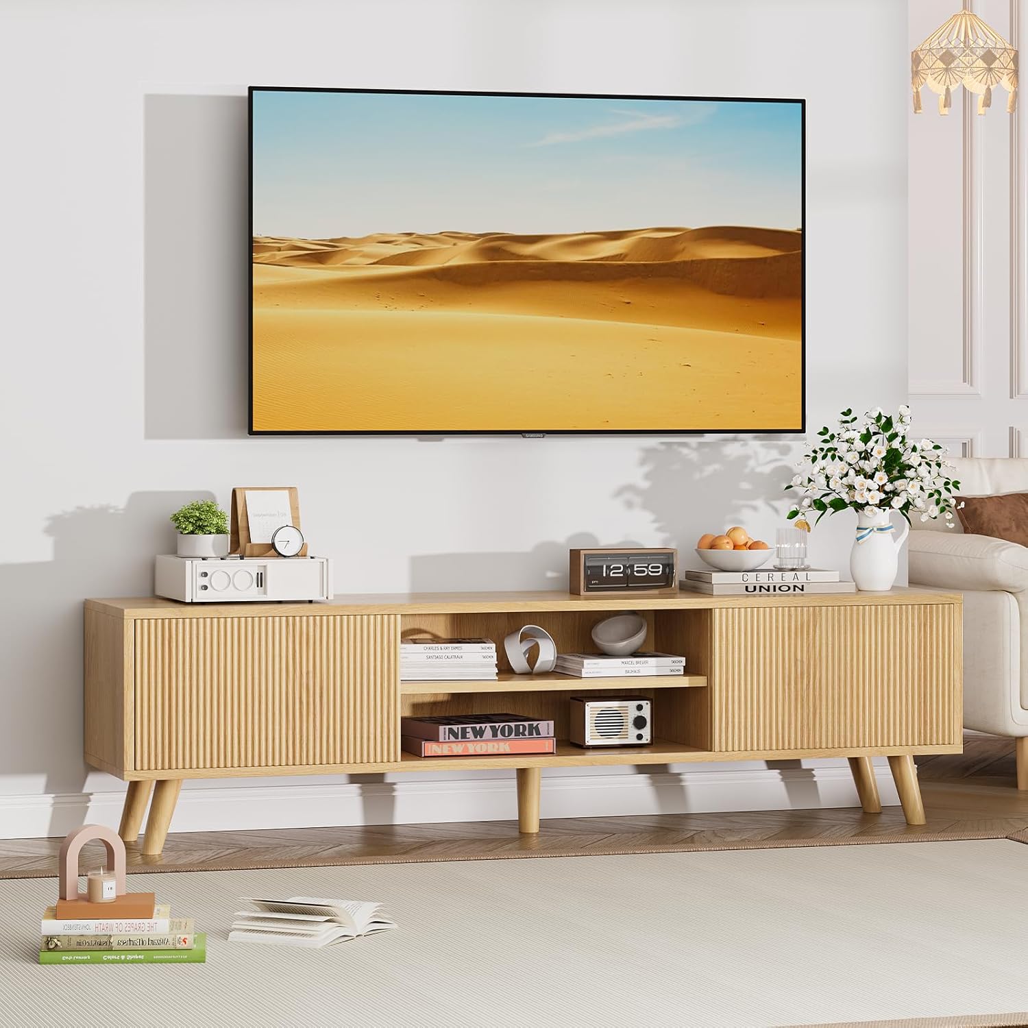 TV Stand for TVs Up to 75 Inches, Boho Entertainment Center Wood TV Stand with Fluted Sliding Doors & Shelves, TV Console Table Media Cabinet with Storage for Living Room Bedroom, Natural