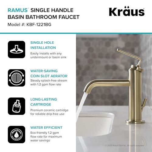 KRAUS Ramus Single Handle Vessel Sink Bathroom Faucet with Pop-Up Drain in Brushed Gold, KVF-1220BG