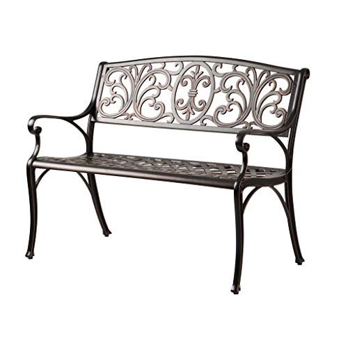 63284 Decatur Cast Aluminum Patio Bench Heavy Duty Rust Free Metal Construction Front Porch Backyard Lawn Garden Pool Deck Outdoors Fleur-De-Lis Design - Antique Bronze Finish