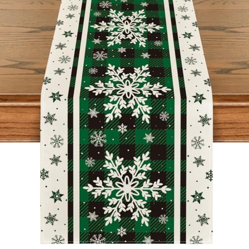 Artoid Mode Green Buffalo Plaid Snowflakes Christmas Table Runner, Seasonal Winter Kitchen Dining Table Decoration for Home Party Decor 13x72 Inch