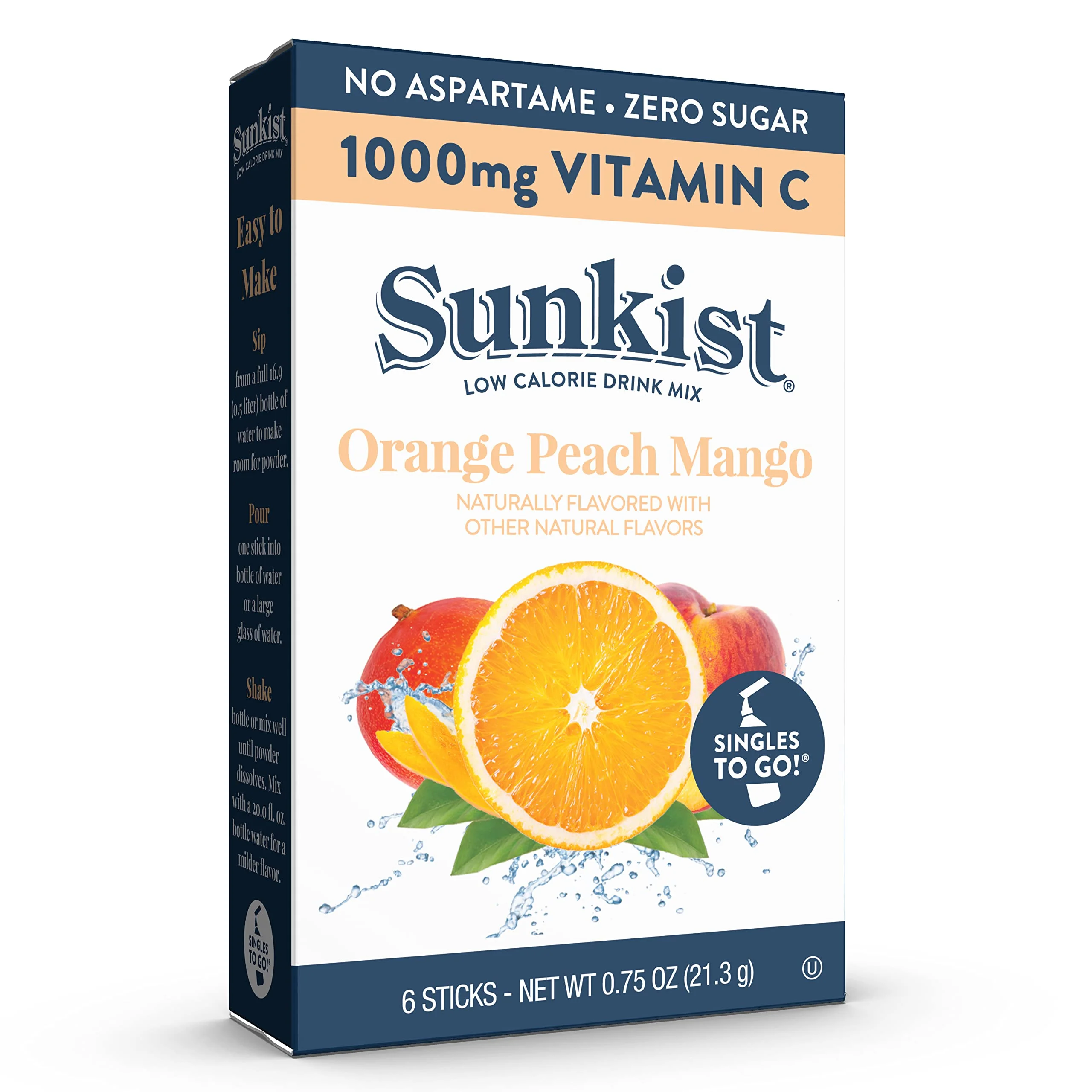 Sunkist Singles To Go Drink Mix Packets, Orange Peach Mango, 6-Count Per Box – Powdered Drink Packets With 1000Mg Of Vitamin C Per Serving, Refreshing Low Calorie, Zero Sugar Water Enhancers, , 7