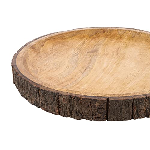 GoCraft Round Wooden Serving Platter with Tree Bark on Edges | Mango Wood Pizza Platter, Serve Board | Charcuterie Platter - 13