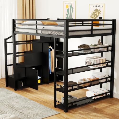 Harper & Bright Designs Full Size Loft Bed with Wardrobe and L-Shaped Desk, Metal Loft Bed with Storage Cubes, Cabinet, Shelves for Kids Teens, White