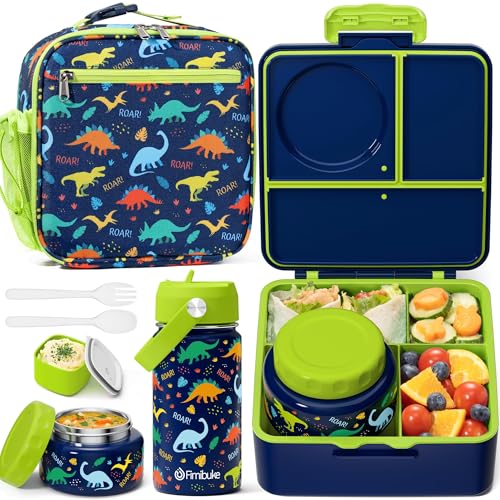 Fimibuke Kids Bento Lunch Box with Thermos, Leakproof Toddler Bento Box with 8.5 OZ Insulated Food Jar, Lunch Bag, Kids Water Bottle, 3 or 4 Compartment Container for Back to School Toddler Girls Boys