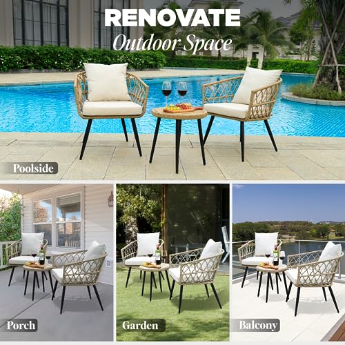 IDZO Heavy Duty 500lbs Weight Capacity Wicker Bistro Table and Chairs Set of 2 with Olefin Fabric Soft Cushions