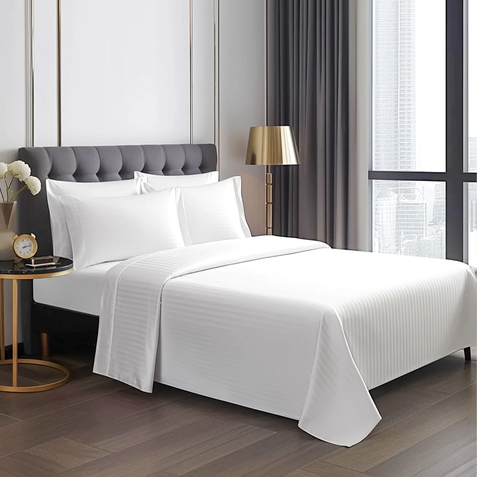 Full Size Sheets Set White Bedding Silky Soft Breathable Durable Stripe Bed Fitted Sheet with 16