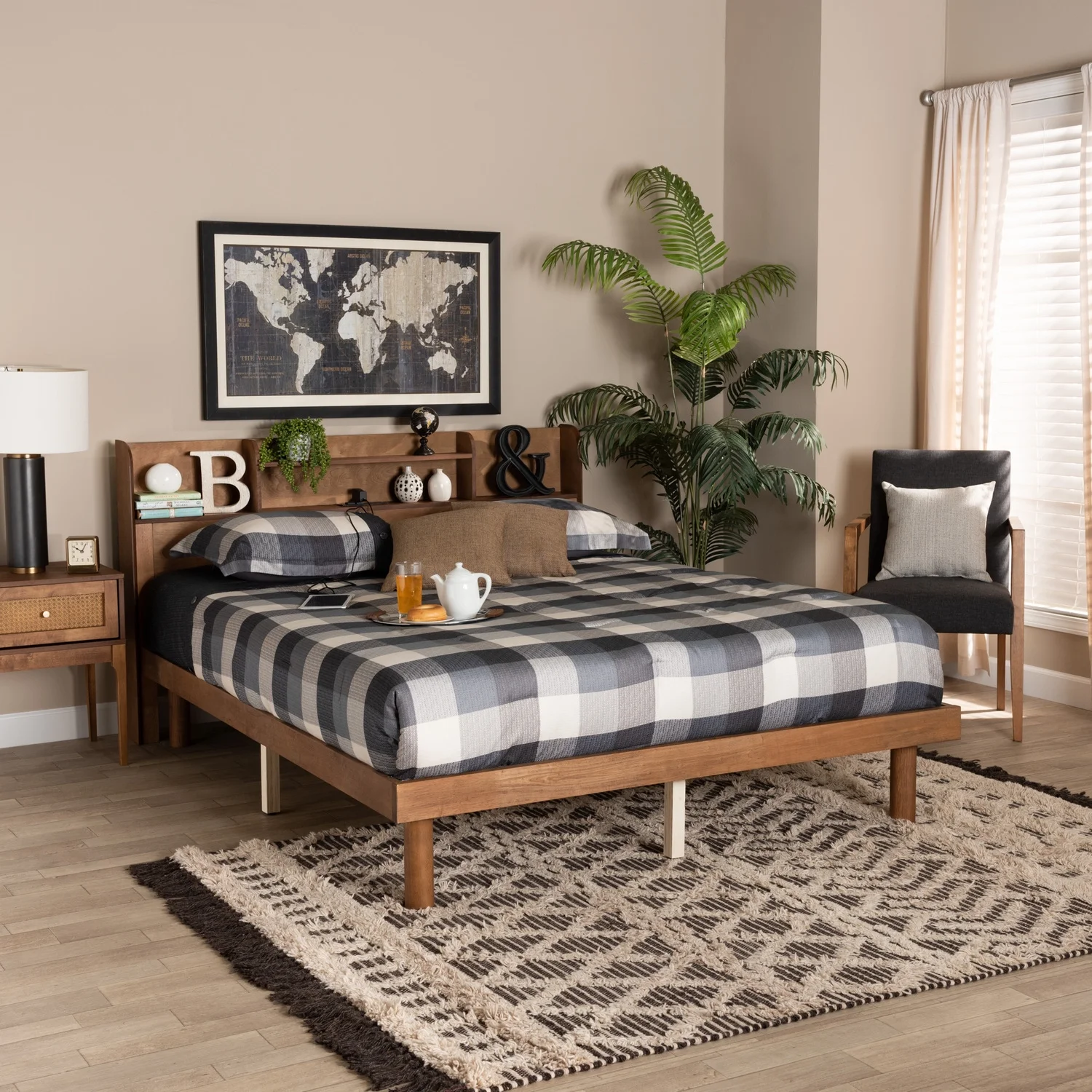 HomeStock Mid-Century Modern Transitional Walnut Brown Finished Wood Mountain Majesty Size Platform Bed With Charging Station