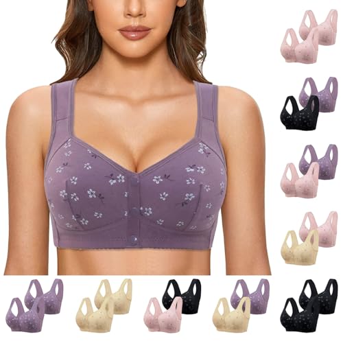 Daisy Bras for Older Women 2 Pack Front Closure Push up Wireless Lace Bra Plus Size No Underwire Breathable Bra