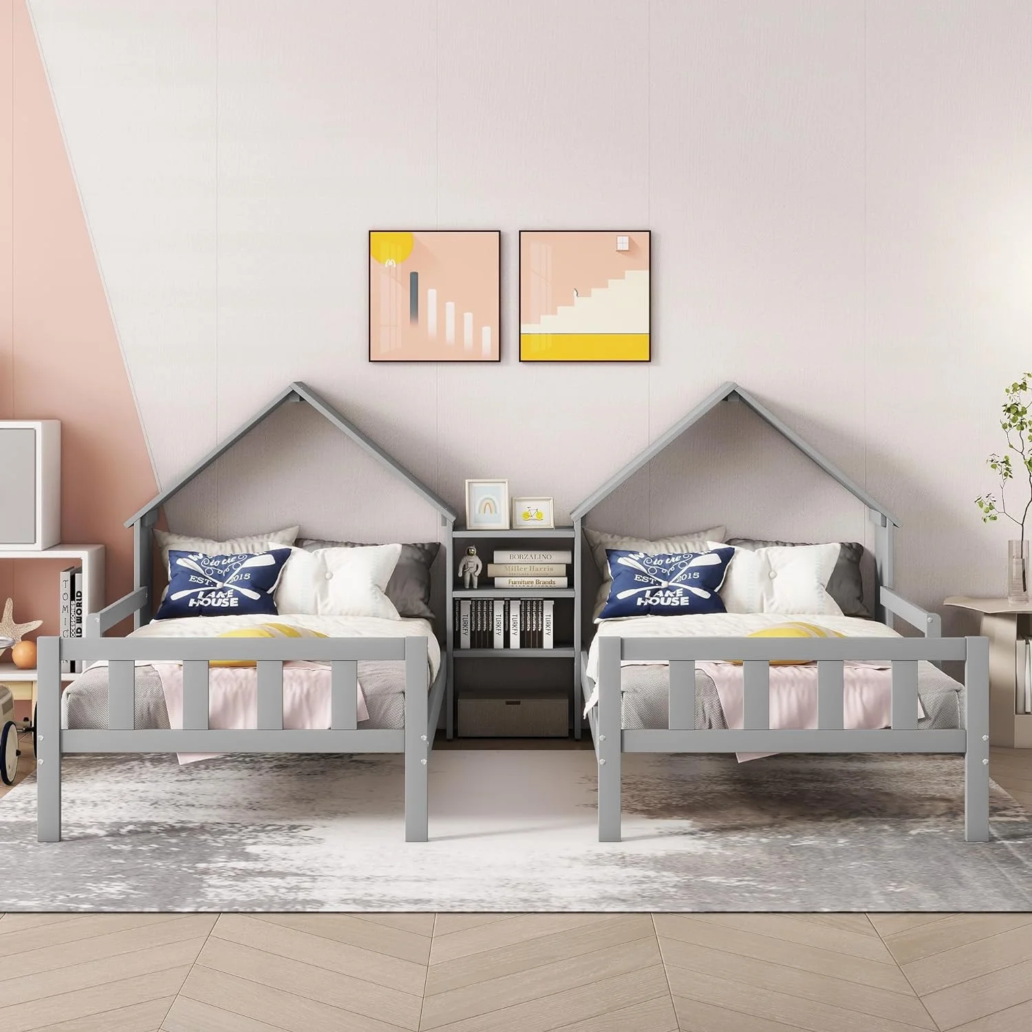 Double Bed Frames For Kids,Wood Double House Bed With House-Shaped Headboard And A Built-In Nightstand, Side By Side Montessori Bed For Kids Girls Boys,Grey