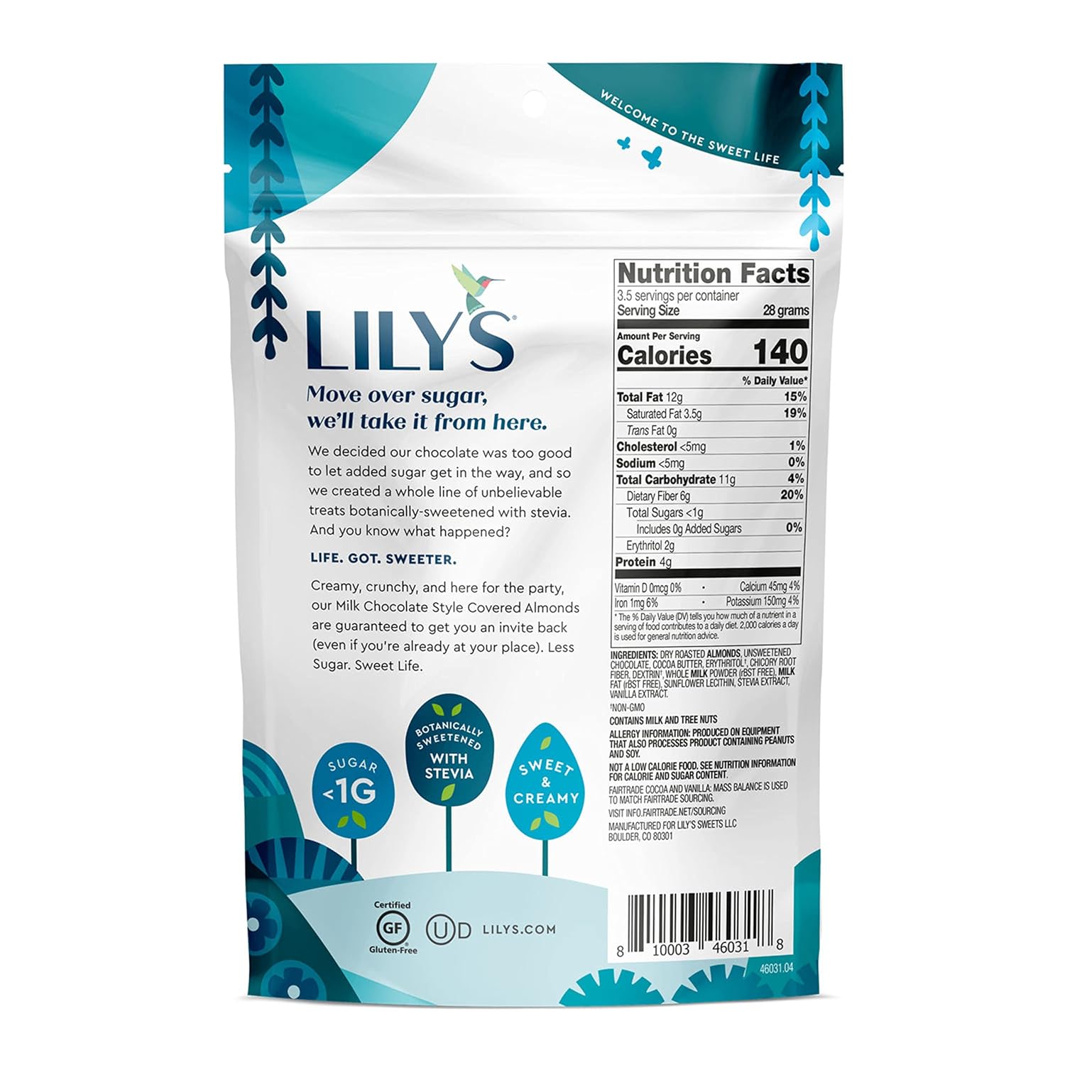 LILY'S Milk Chocolate Style Made with stevia, Free of Added Sugar Covered Almonds Bags, 3.5 oz (3 count)