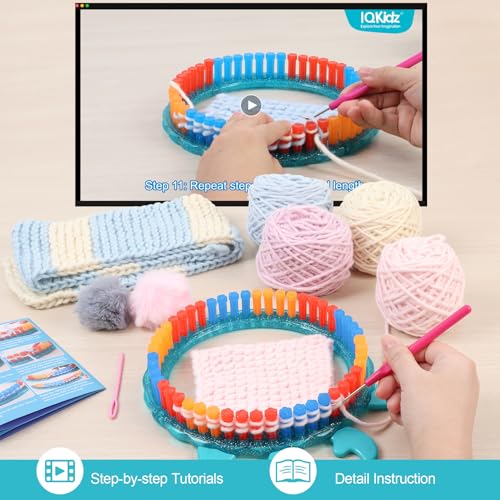 IQKidz Hat Knitting Loom Kit, Kids Craft Kits for Girls Ages 7 8-12 Years and Up, Fun DIY Gift for Girls & Teens to Make Pom Pom Hat and Scarf with Beginner Crochet Set