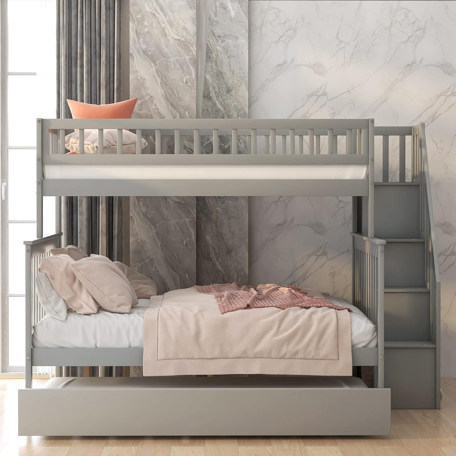 Bunk Beds with Trundle, Wood Space Saving Design Stairway Twin Over Full Bunk Bed Frame with Storage, Convertible to 2 Separated Beds, No Box Spring Needed, Gray