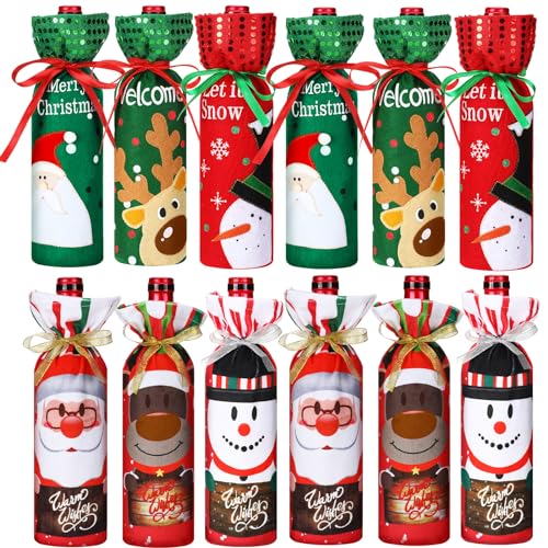 12 Pieces Christmas Wine Bottle Bags - Sweater Dress Sleeve, Burlap Santa Covers, Plaid Drawstring Bags for Xmas Dining Table Decor (Bright Color, Santa Claus)